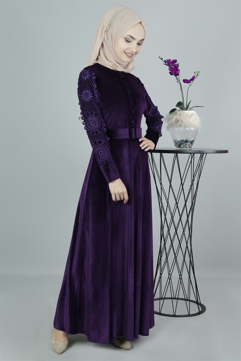 3401 Dantelli Mürdüm Kadife Elbise