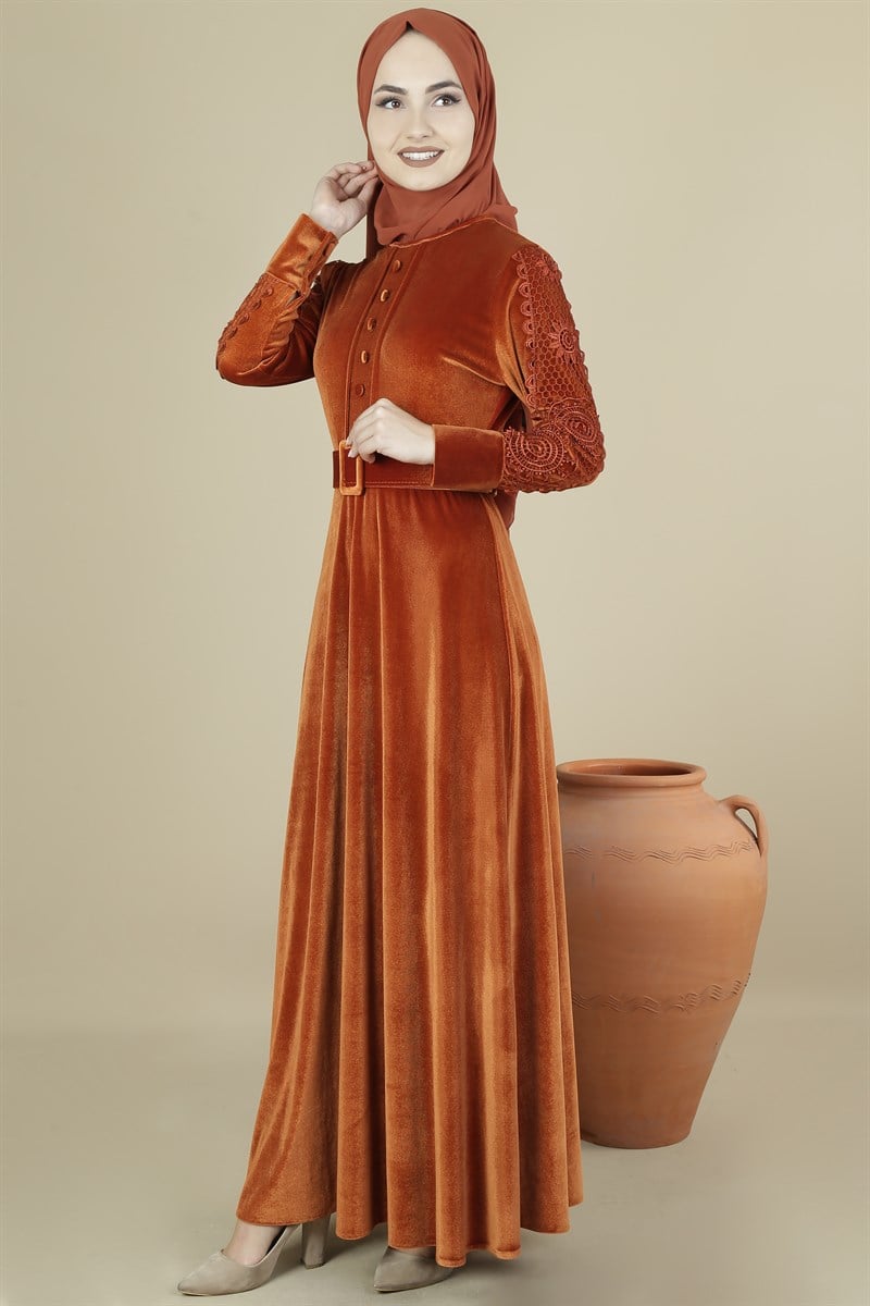 3401 Dantelli Oranj Kadife Elbise