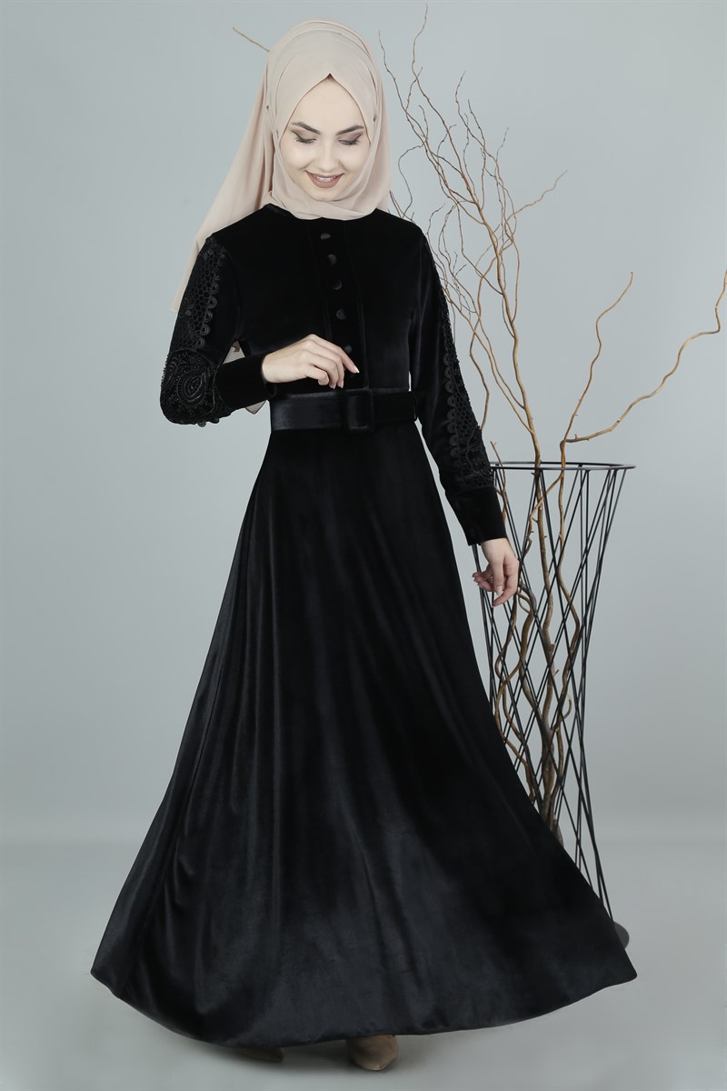 3401 Dantelli Siyah Kadife Elbise