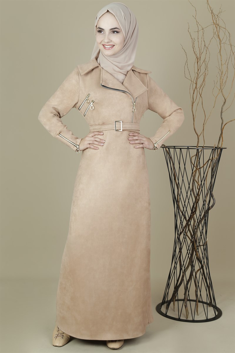 3407 Fermuarlı Latte Elbise