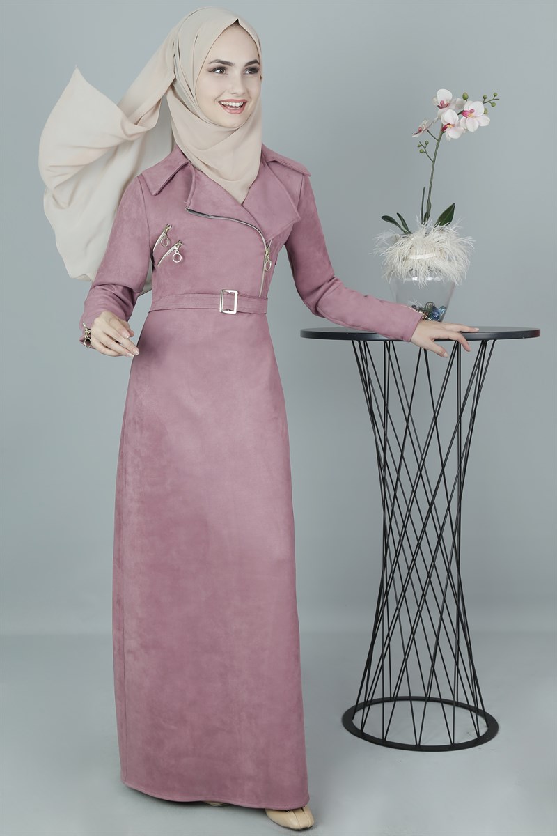 3407 Fermuarlı Pudra Elbise