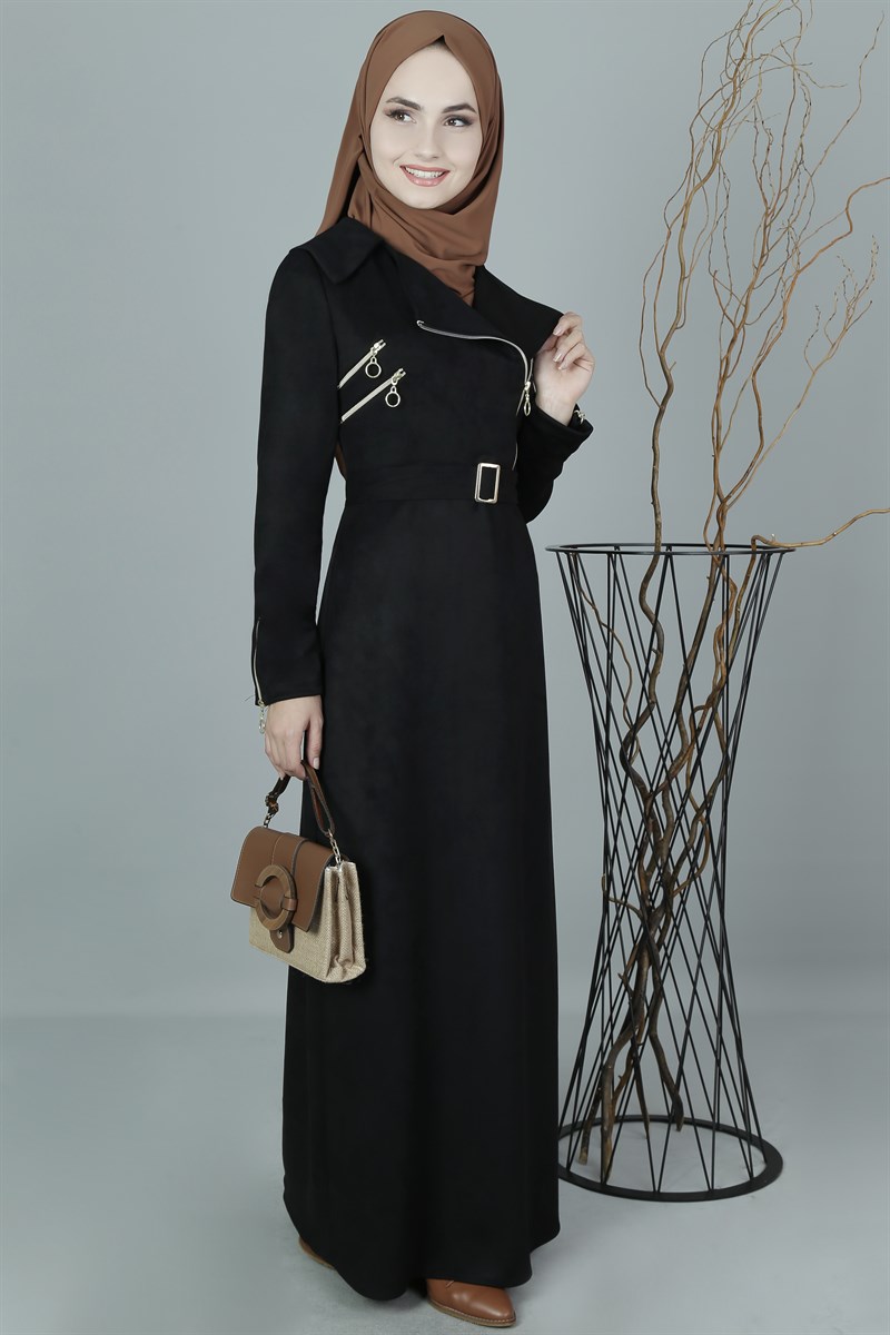 3407 Fermuarlı Siyah Elbise