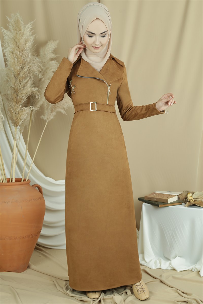 3407 Fermuarlı Taba Elbise