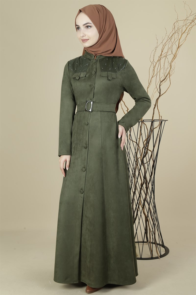 3417 Deri Detaylı Haki Ferace