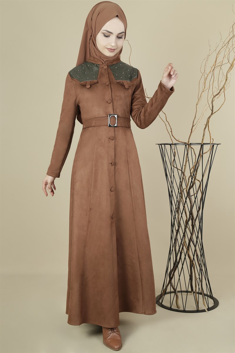 3417 Deri Detaylı Kahve Ferace