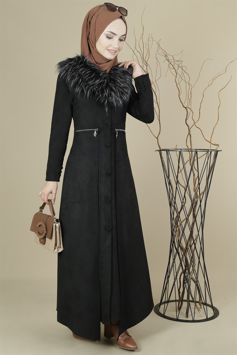 3429 Kürklü Siyah Ferace