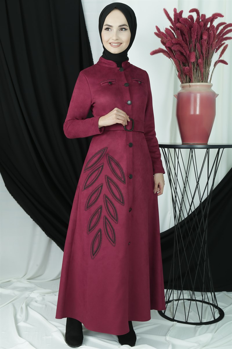 3466 Yaprak Desenli Şarabi Ferace