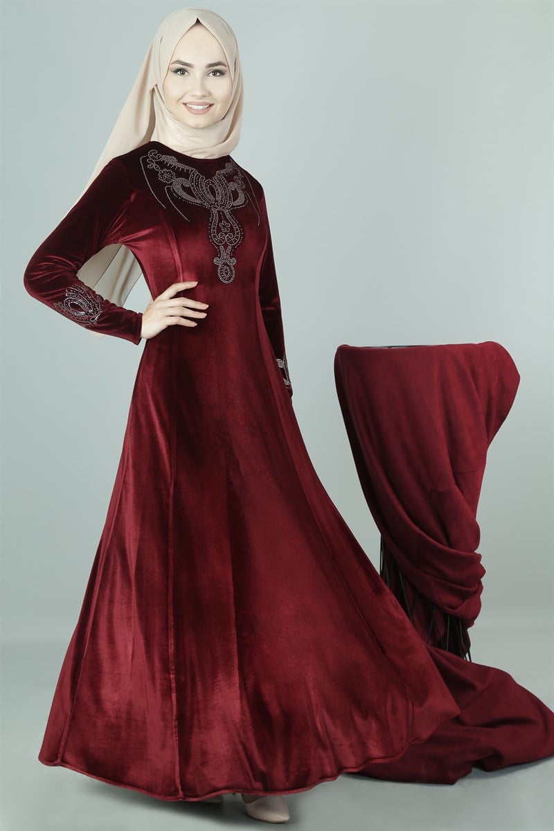 3470 Taş Baskılı Bordo Elbise