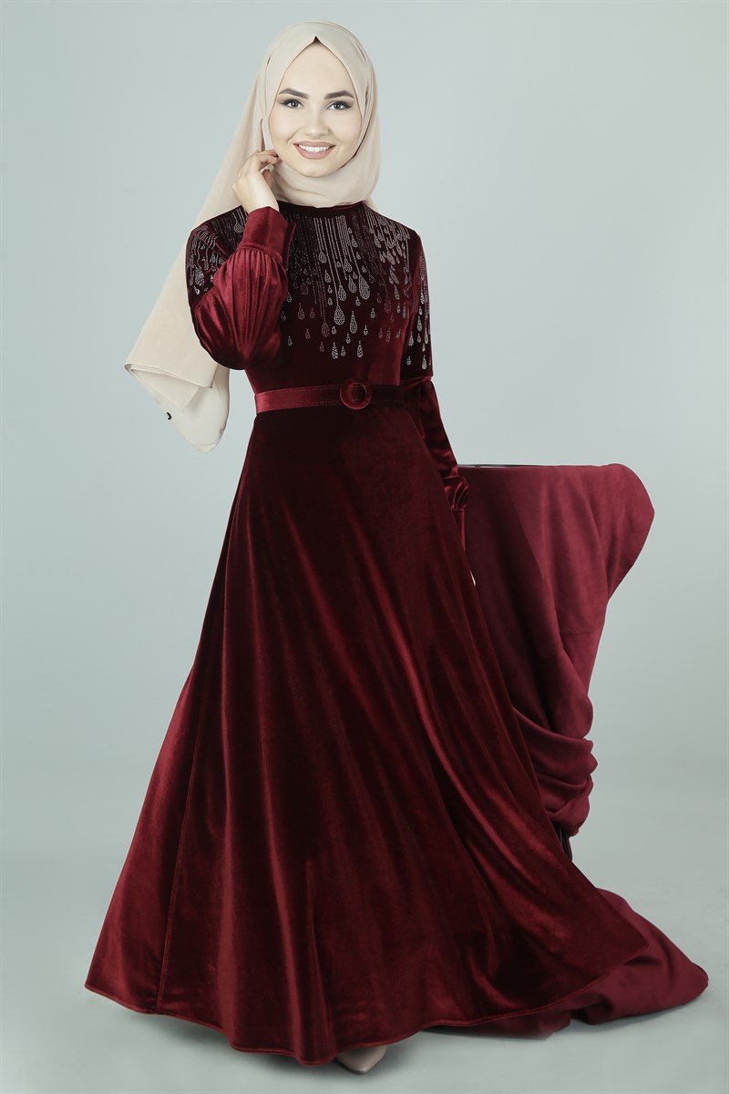 3470 Taş Baskılı Bordo Ferace