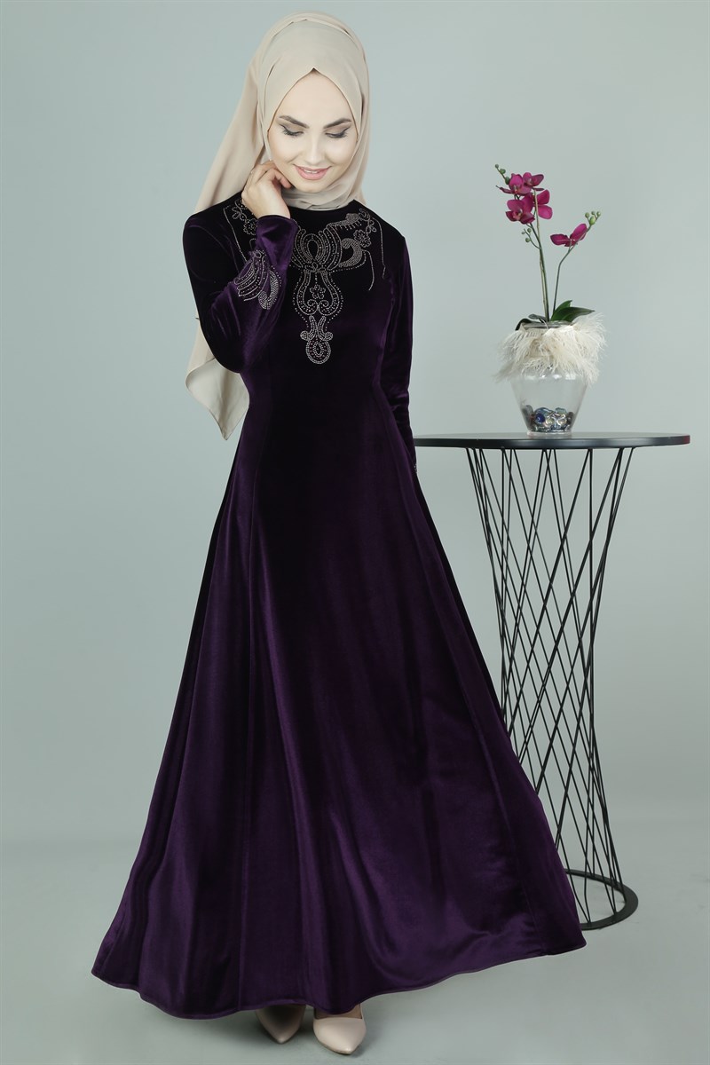 3470 Taş Baskılı Mürdüm Elbise