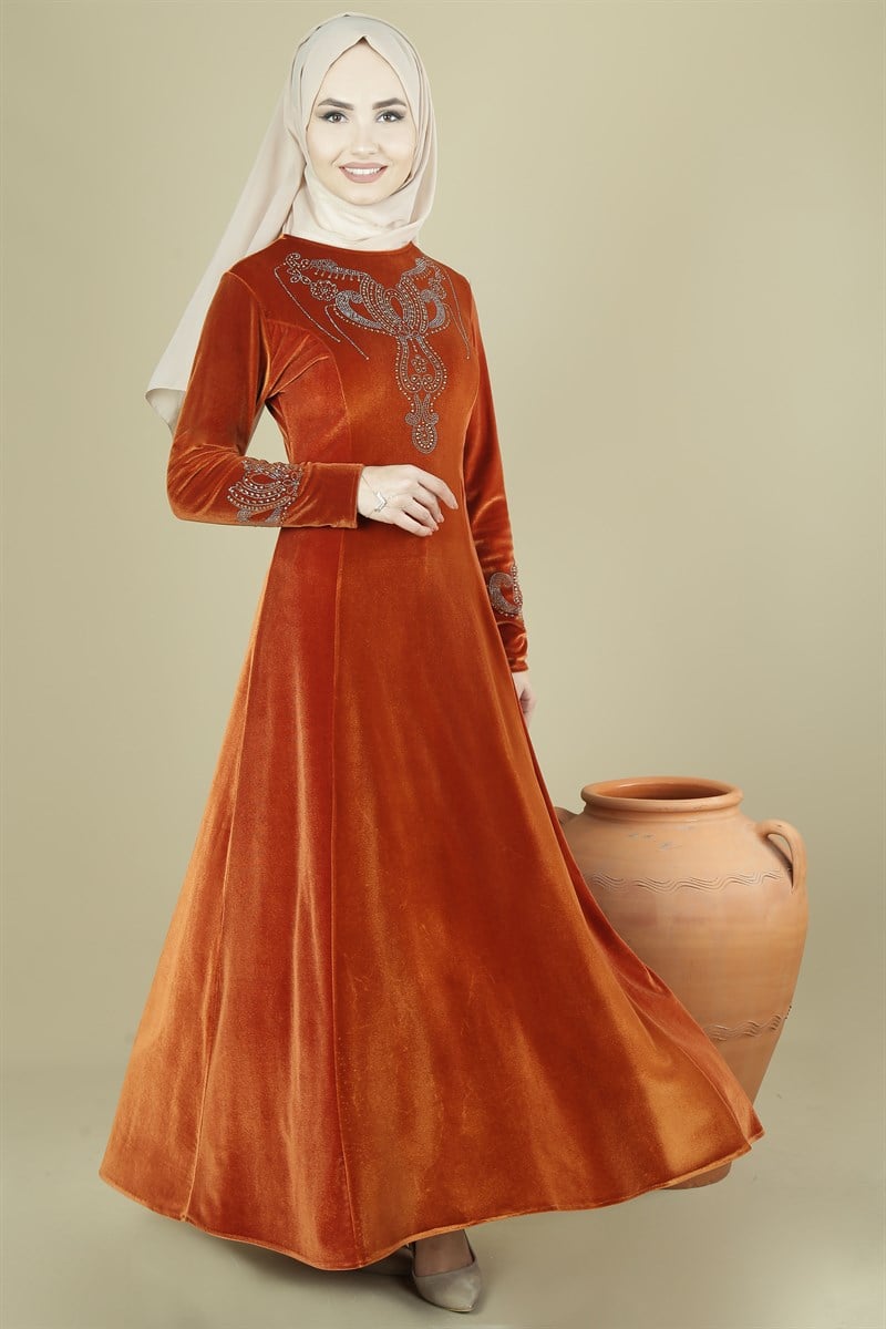 3470 Taş Baskılı Oranj Elbise