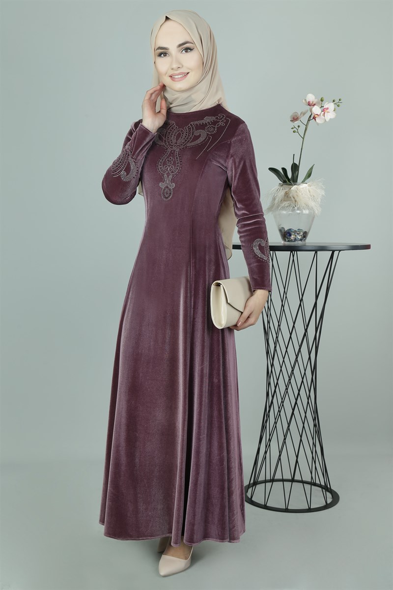 3470 Taş Baskılı Pudra Elbise