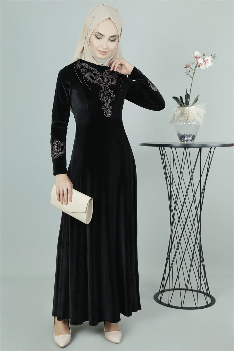 3470 Taş Baskılı Siyah Elbise