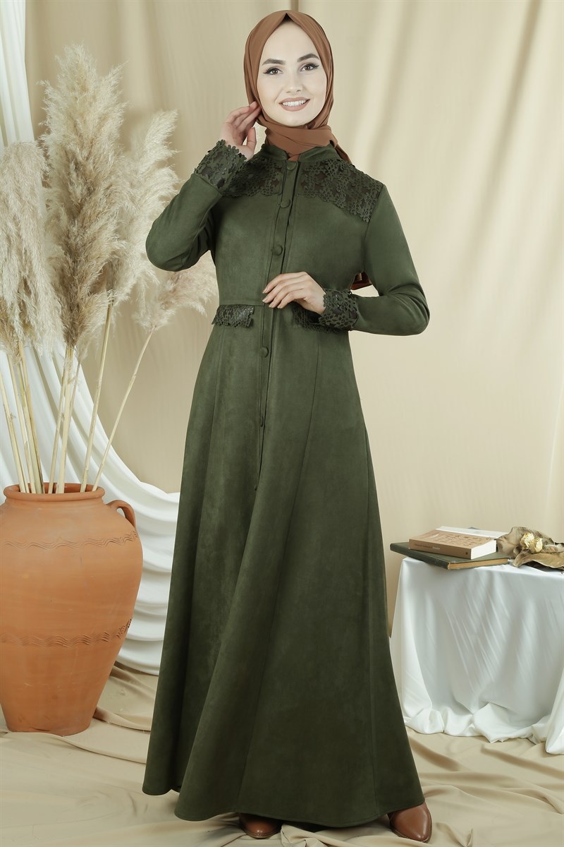 3480 Deri Detaylı Haki Ferace