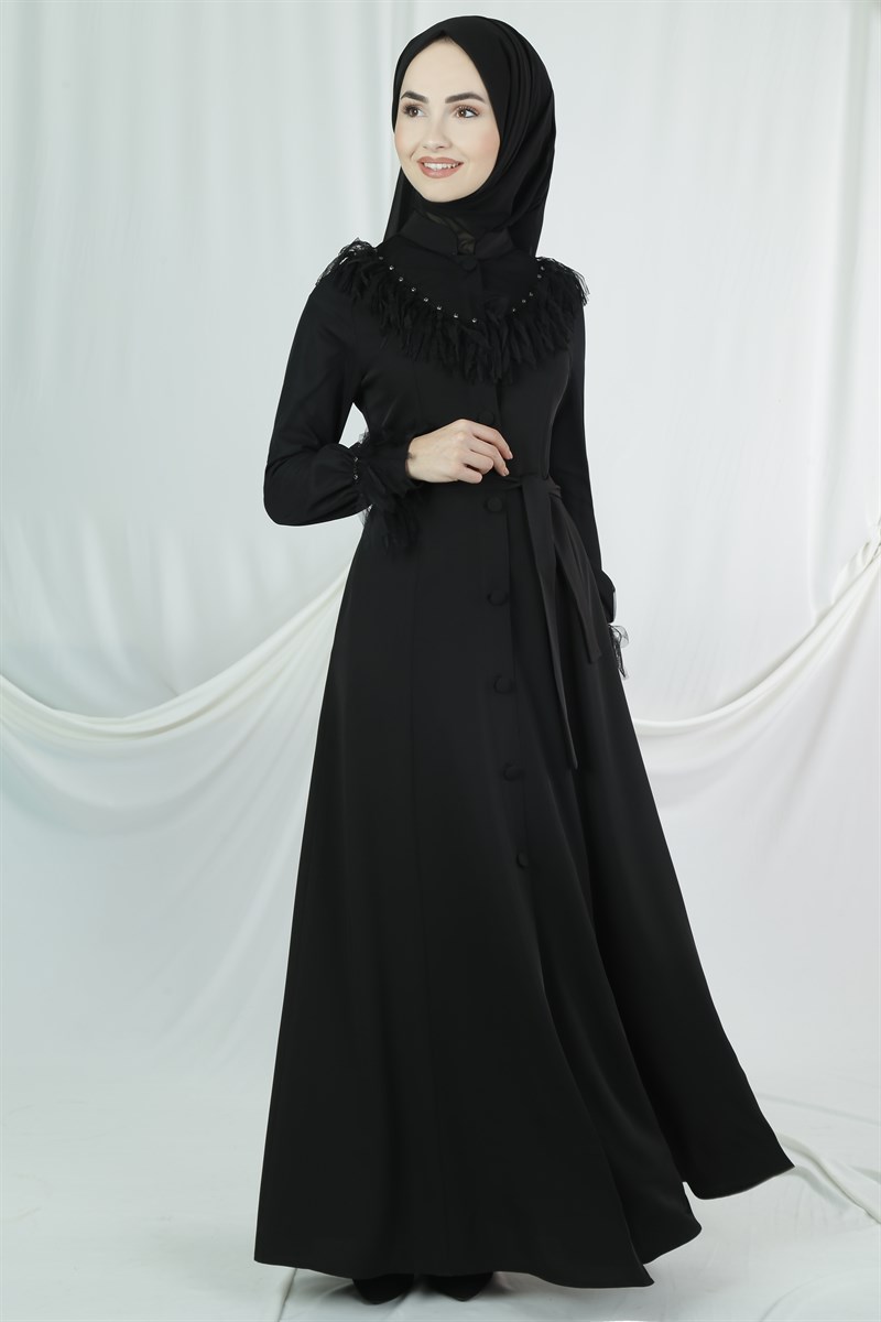 3523 Tüllü Siyah Ferace