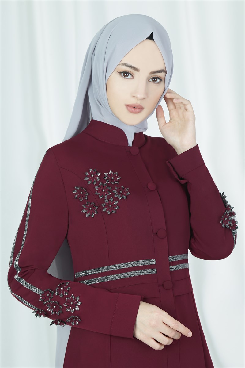 3545 Çiçek Desenli Şarabi Ferace