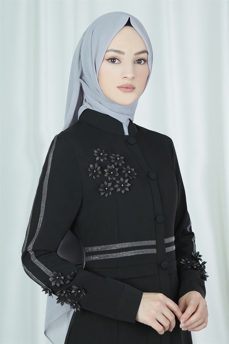 3545 Çiçek Desenli Siyah Ferace