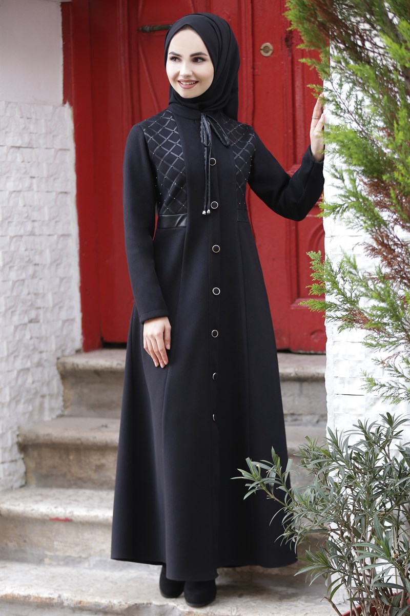 3569 Deri Detaylı Siyah Kaban