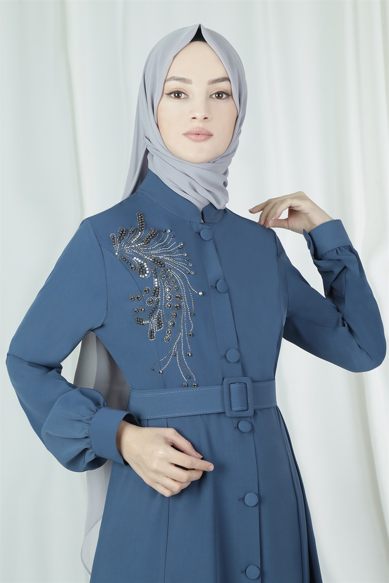 3572 Taş Desenli İndigo Ferace