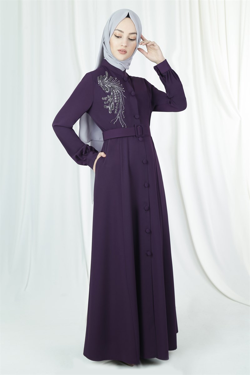 3572 Taş Desenli Mürdüm Ferace
