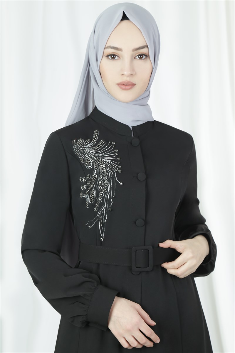 3572 Taş Desenli Siyah Ferace
