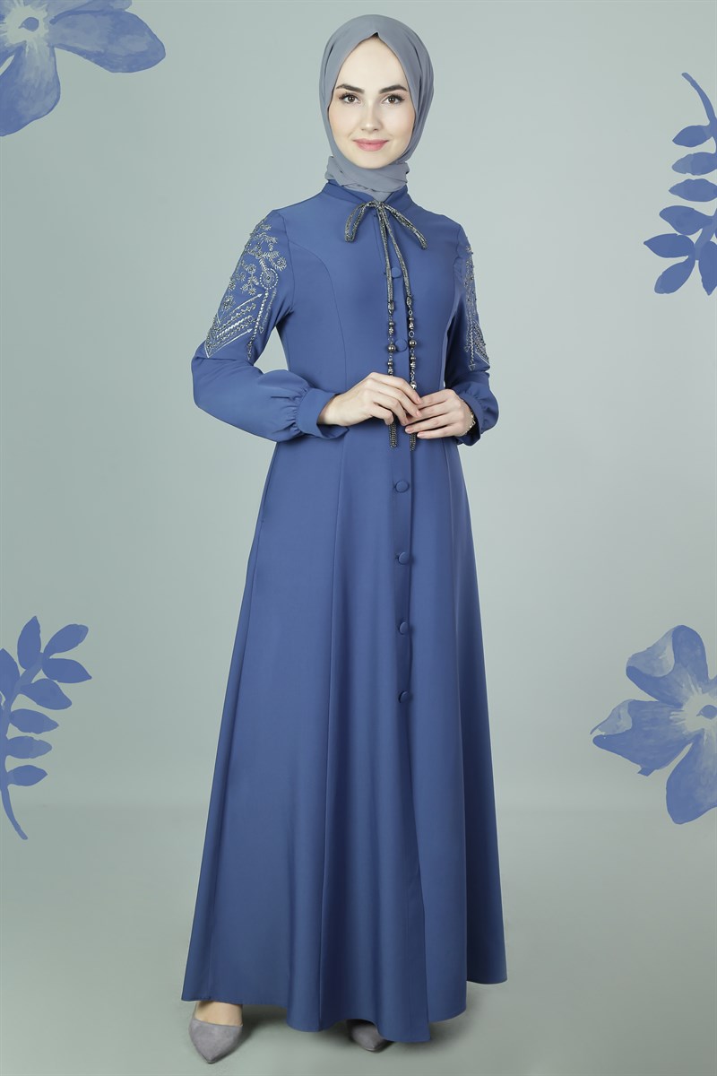 3580 İnci Biyeli İndigo Ferace