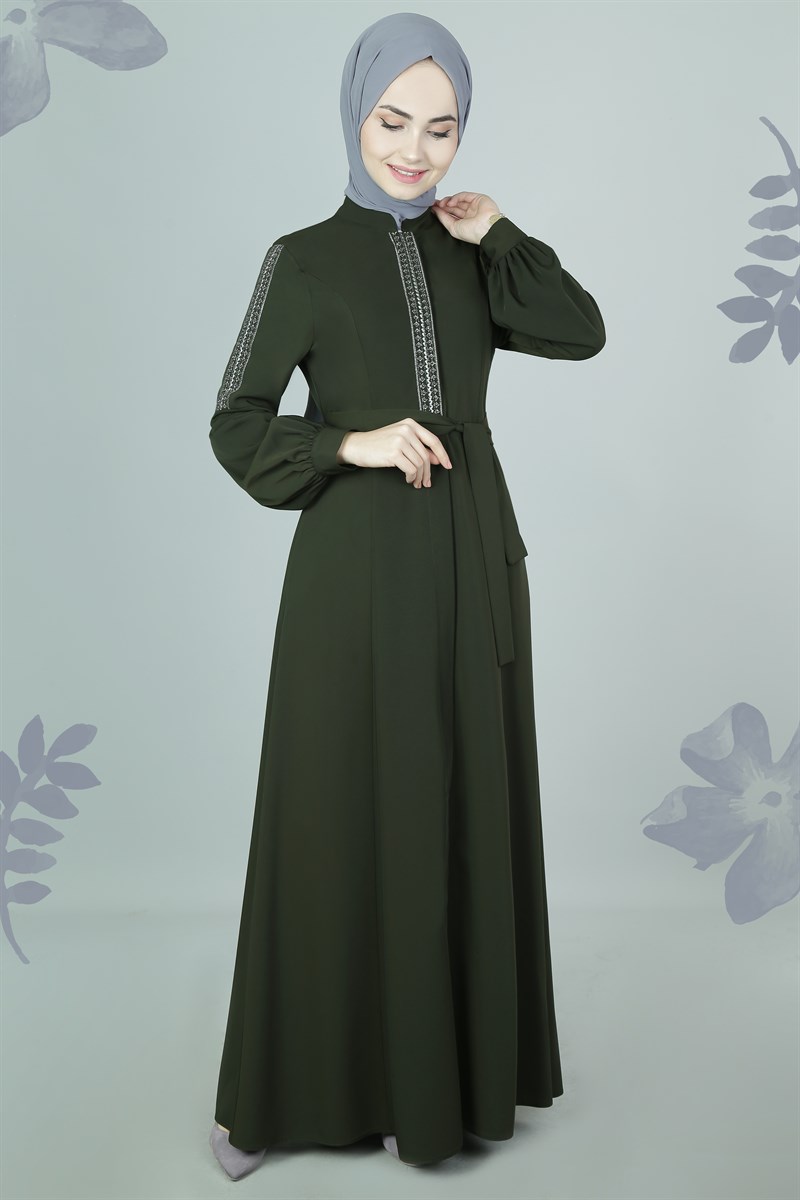 3581 Şerit Nakışlı Haki Ferace