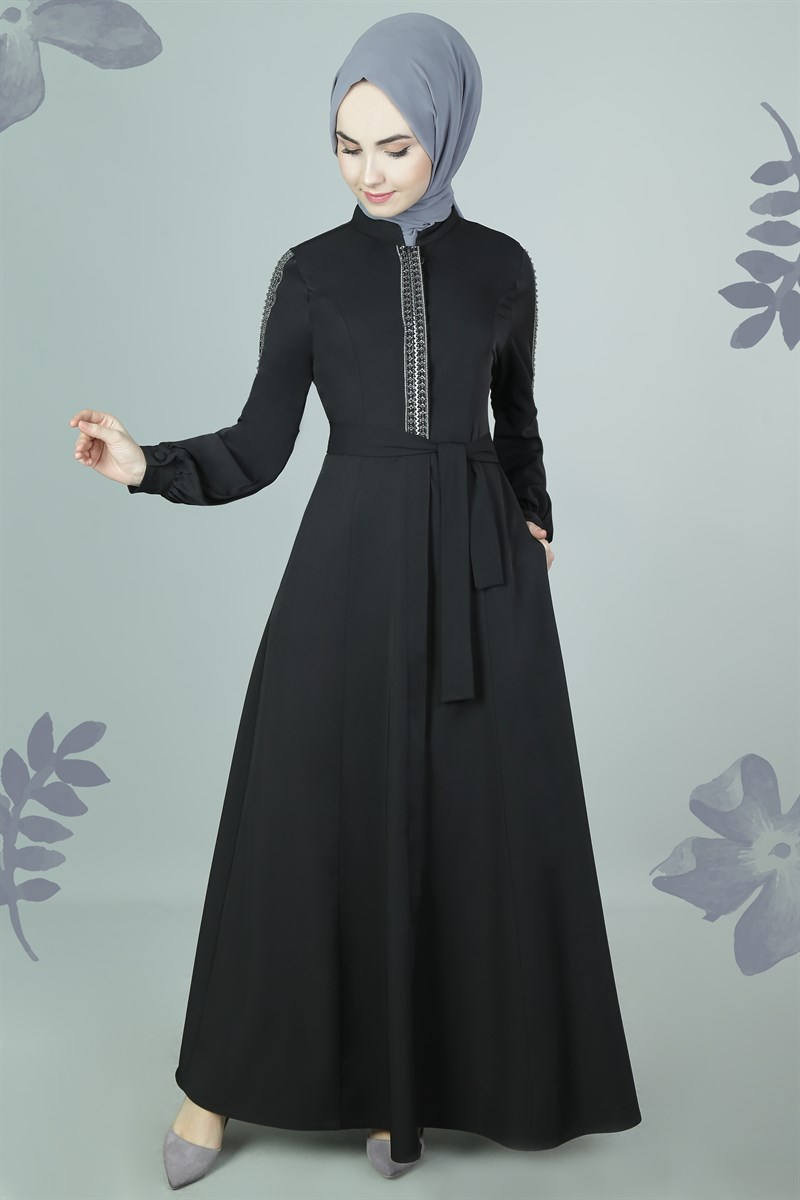 3581 Şerit Nakışlı Siyah Ferace