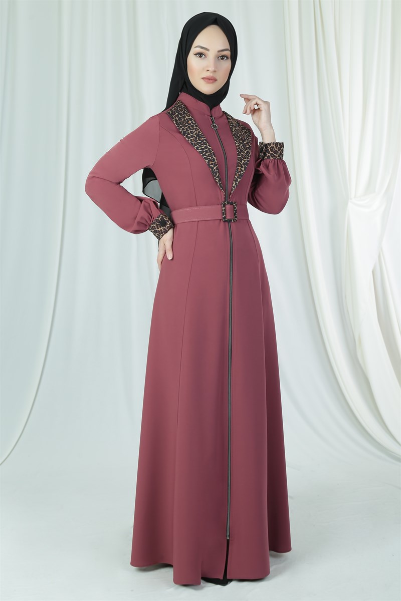3625 Leopar Detaylı Gül Kurusu Ferace