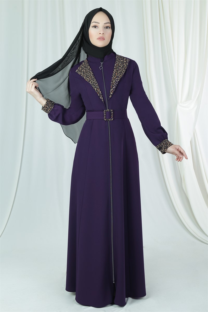 3625 Leopar Detaylı Mürdüm Ferace