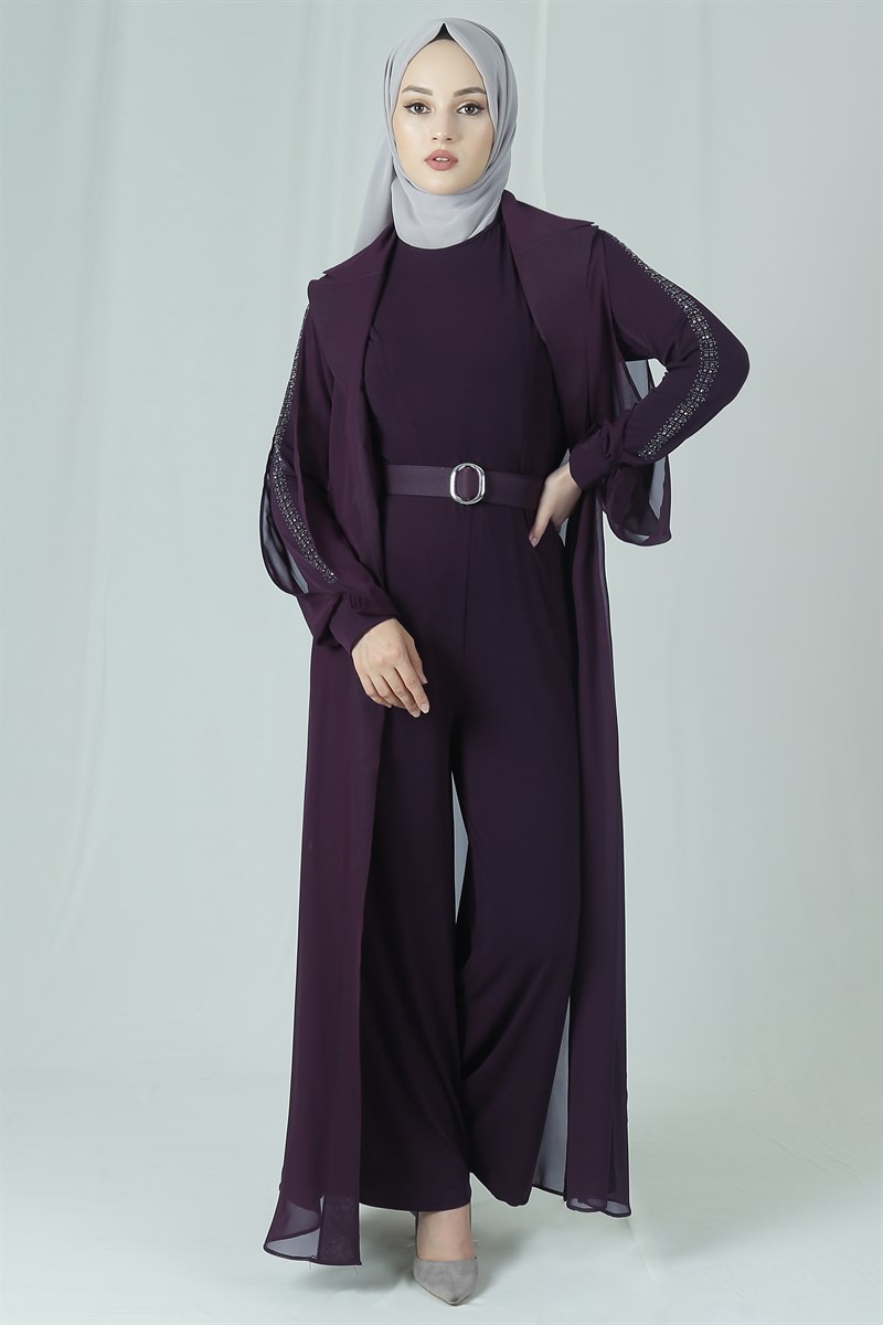 3638 Şifon Yelekli Mürdüm Tulum