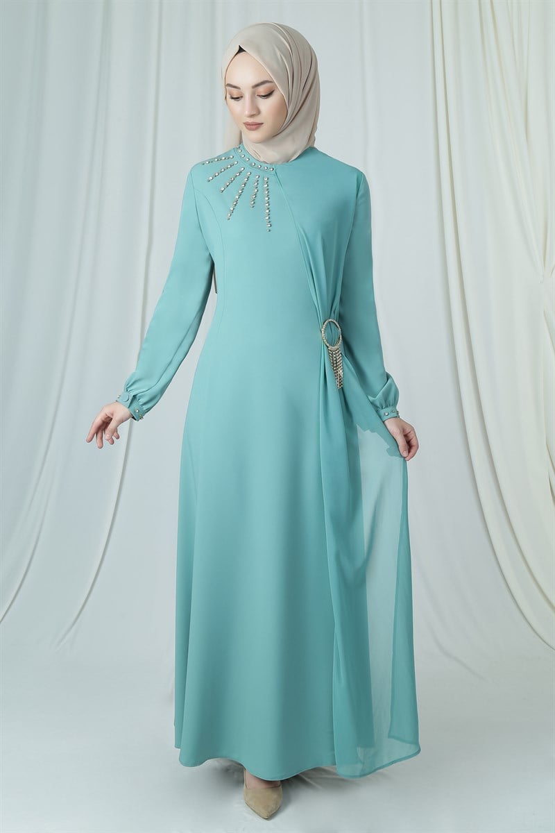 3660 Taş Tokalı Mint Elbise