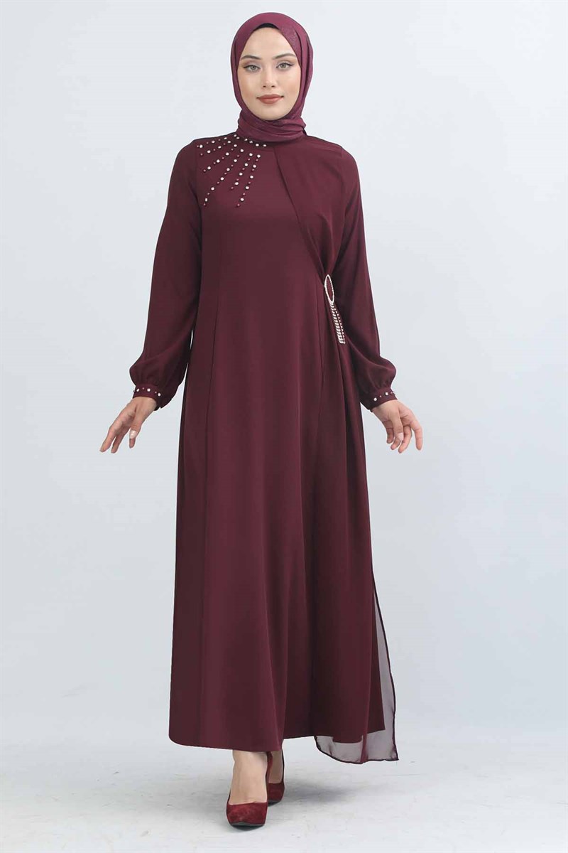 3660 Buckle Detailed Burgundy Dress