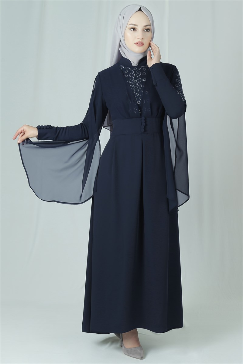 3727 Kolu Şifon Detaylı Lacivert Elbise