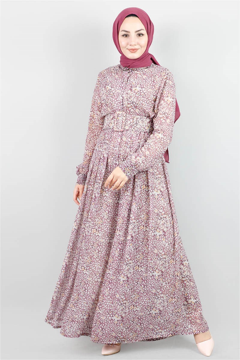 3792 Desenli Şifon Lila Tulum