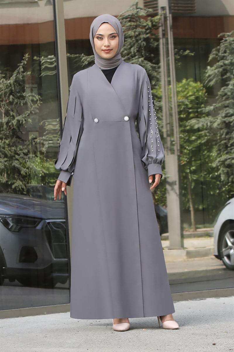 4061 Lazer Kesim Kol Detaylı Ferace Gümüş