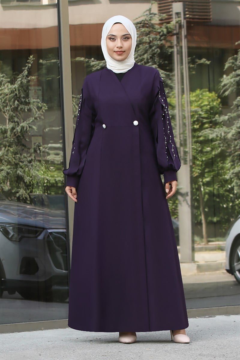 4061 Lazer Kesim Kol Detaylı Ferace Mor