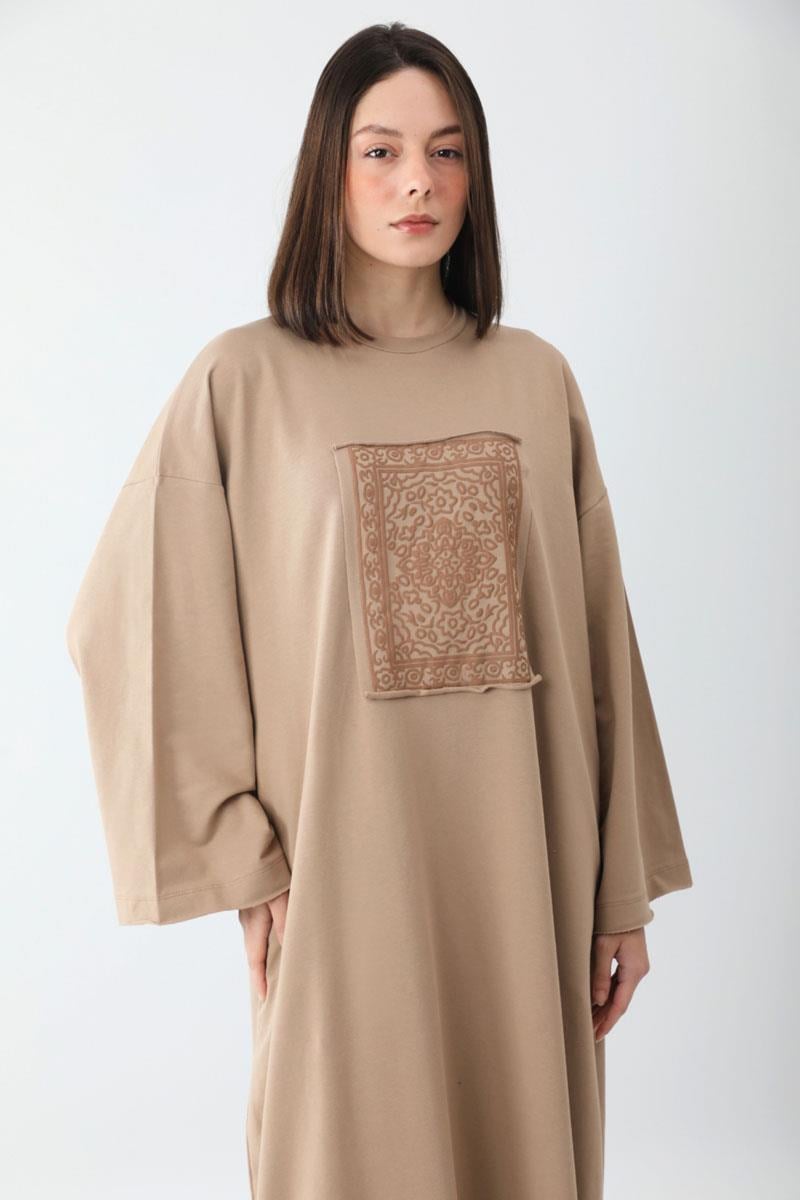 Anadolu Desen Baskılı Sweat Elbise Camel