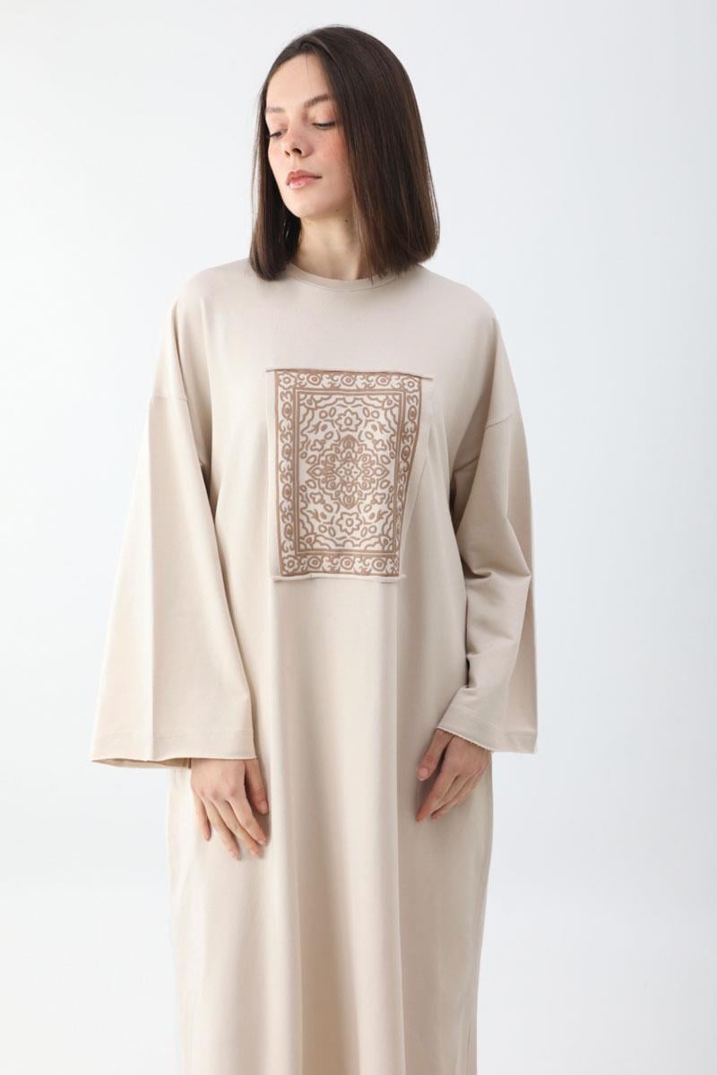 Anadolu Desen Baskılı Sweat Elbise Taş