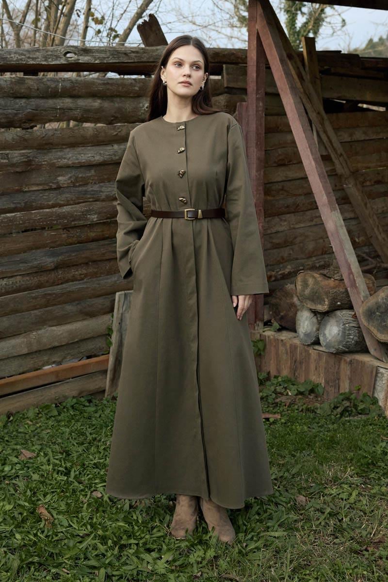 Antik Düğmeli Gabardin Elbise Haki
