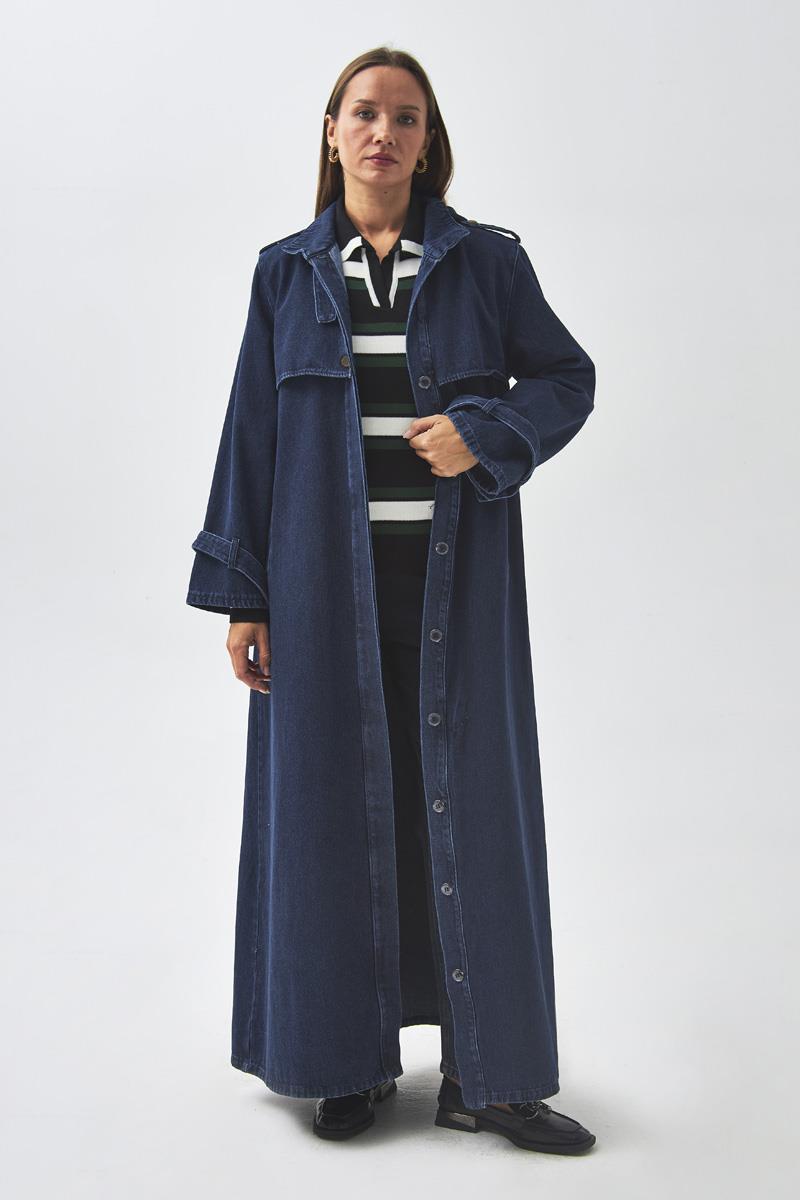 Apolet Detaylı Denim Trençkot Açık Mavi