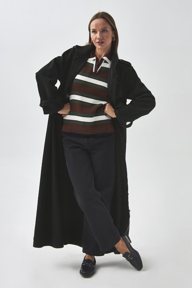 Apolet Detaylı Denim Trençkot Siyah