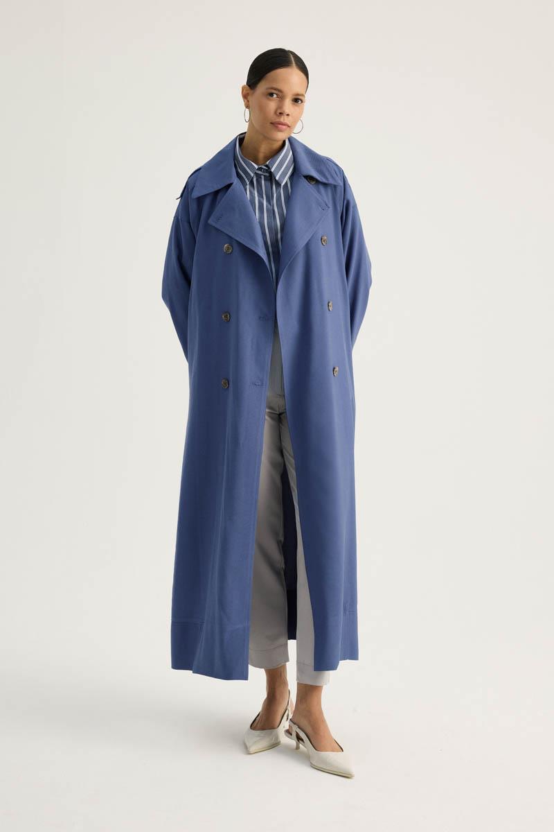 Apoletli Kruvaze Trençkot İndigo