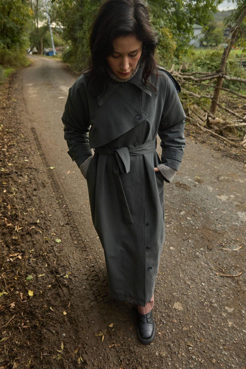 Asimetrik Düşük Kol Trençkot Antrasit