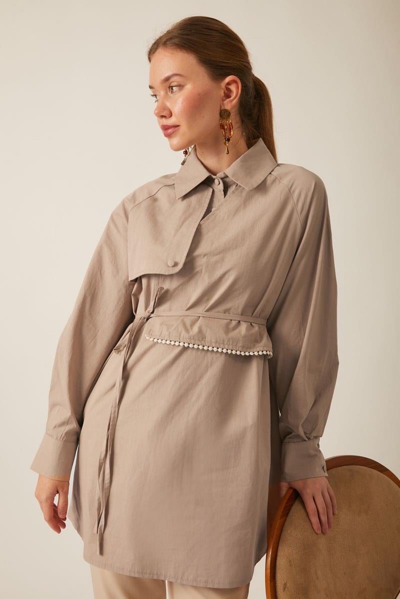 Asimetrik Poplin Gömlek Açık Camel