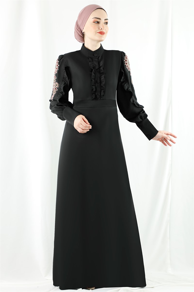 Ayçiçek Nakışlı Siyah Ferace