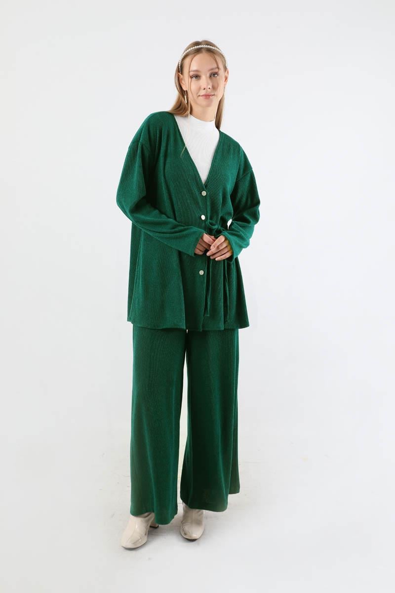 Bağlamalı Örme Hırka Takım Yeşil