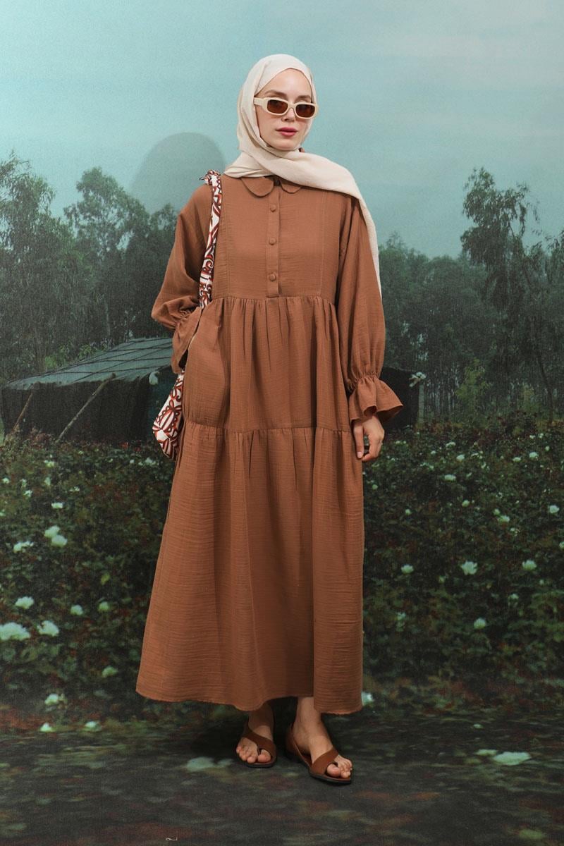 Bebe Yaka Katlı Elbise Kiremit