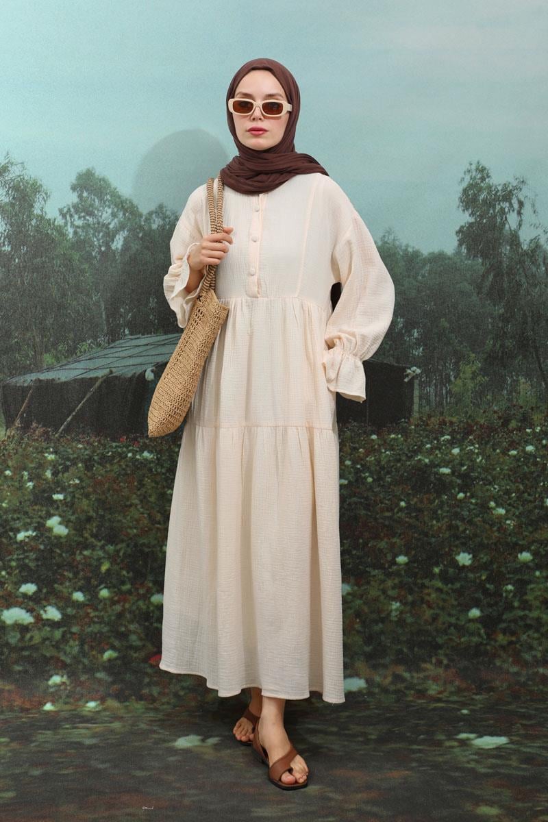 Bebe Yaka Katlı Elbise Krem