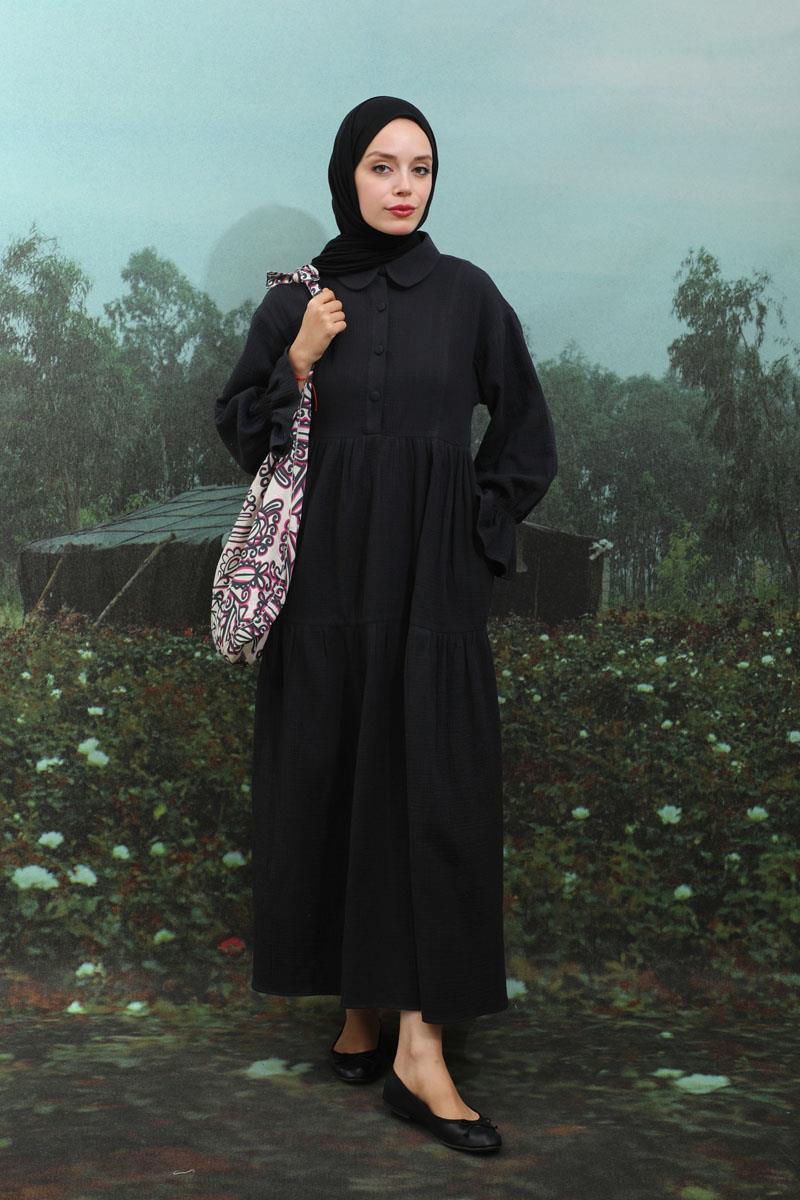 Bebe Yaka Katlı Elbise Siyah